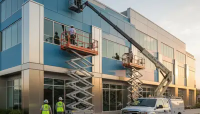 Professional commercial painters working on a business exterior in Modesto, CA