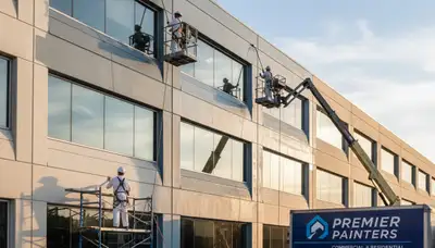 Professional commercial painters working on office exterior in Modesto, CA