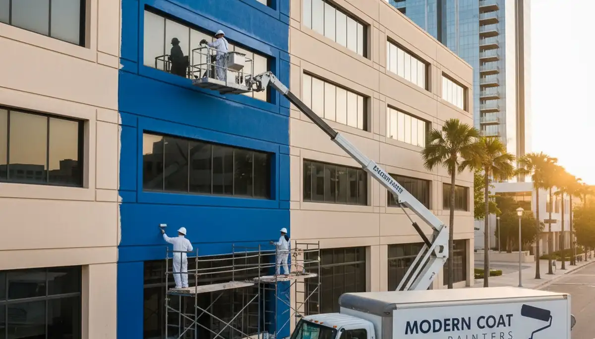 Professional commercial painters coating office exterior in Modesto, CA for durable business finish