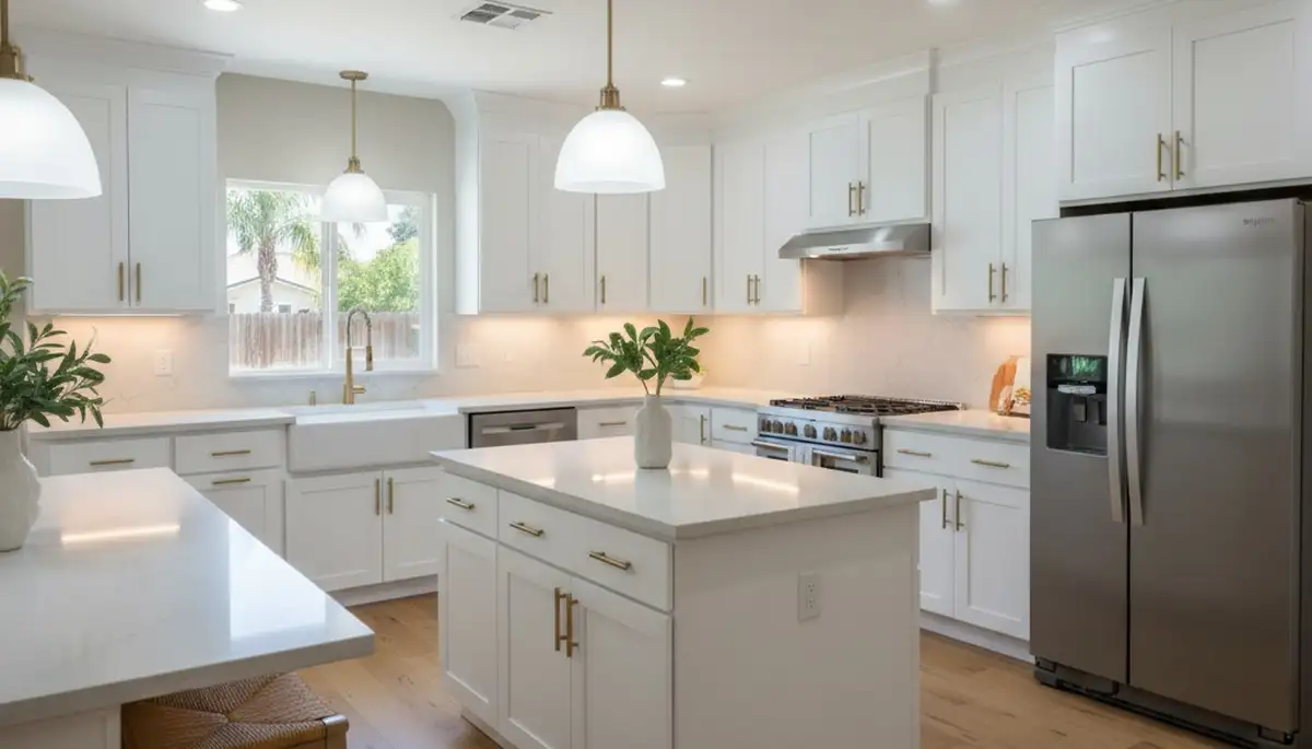 Refinished kitchen cabinets with smooth durable paint finish by house painters in Modesto, CA