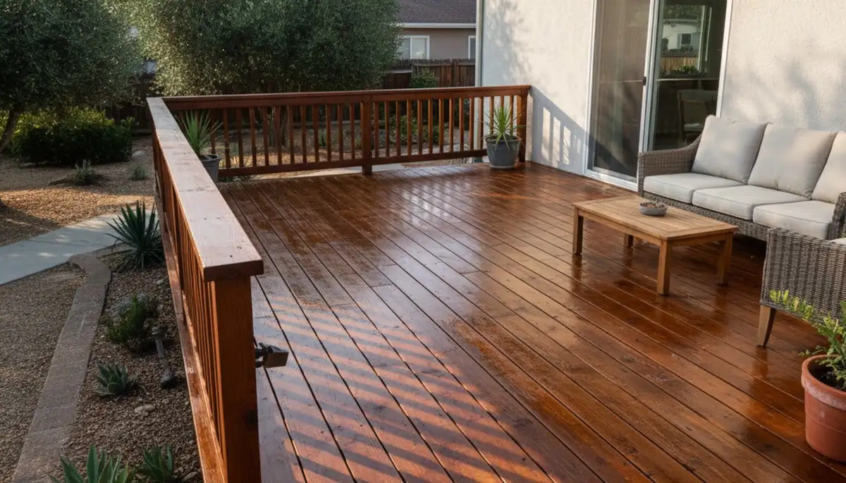 Finished deck staining in Modesto, CA showing protected natural wood finish by local painting contractors