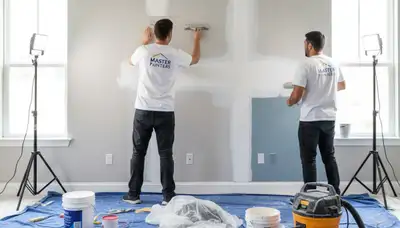 Technician performing drywall repair and wall restoration in a Modesto, CA home interior