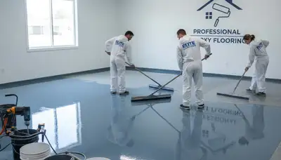 Epoxy floor coating installation in a Modesto CA garage by professional house painters