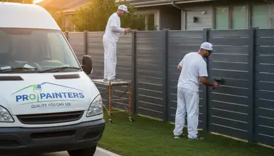 Professional fence painters refinishing wooden fence in Modesto, CA for durable weather-resistant finish