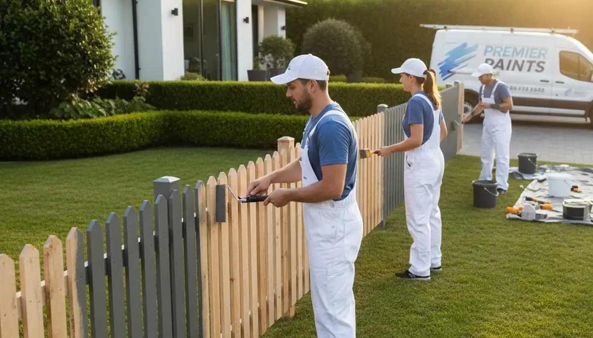 Professional fence painters applying durable wood stain in Modesto, CA backyard
