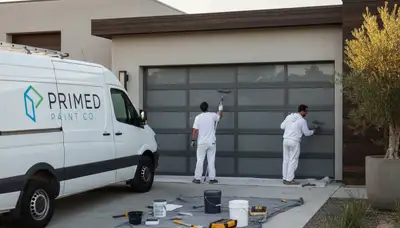 Professional painters finishing a garage door in Modesto, CA with durable exterior paint