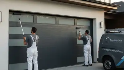 Professional painters refinishing a garage door in Modesto, CA with durable exterior paint finish