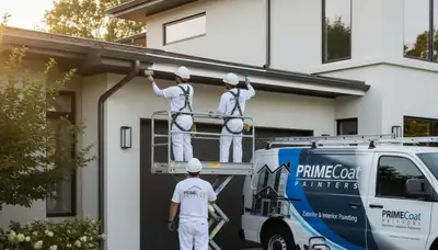 Professional gutter painting on residential home exterior in Modesto, CA by expert house painters