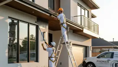 Professional gutter painting on a Modesto, CA home by expert house painters improving curb appeal
