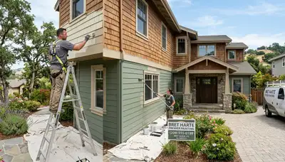 Professional house painting contractors working on residential exterior in Modesto, CA