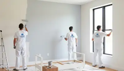 Professional interior house painters finishing living room walls in Modesto, CA