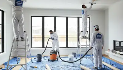 Painter removing popcorn ceiling in Modesto, CA home during professional ceiling resurfacing service