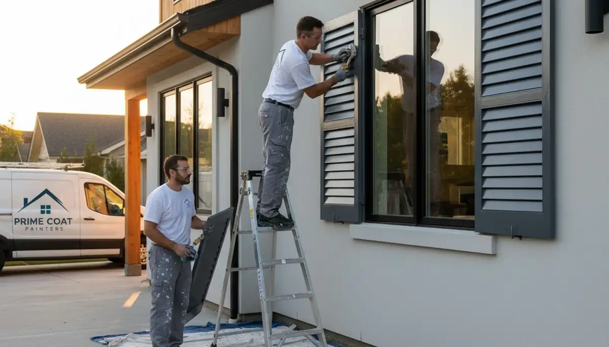 Professional shutter painting on a Modesto, CA home by expert house painters