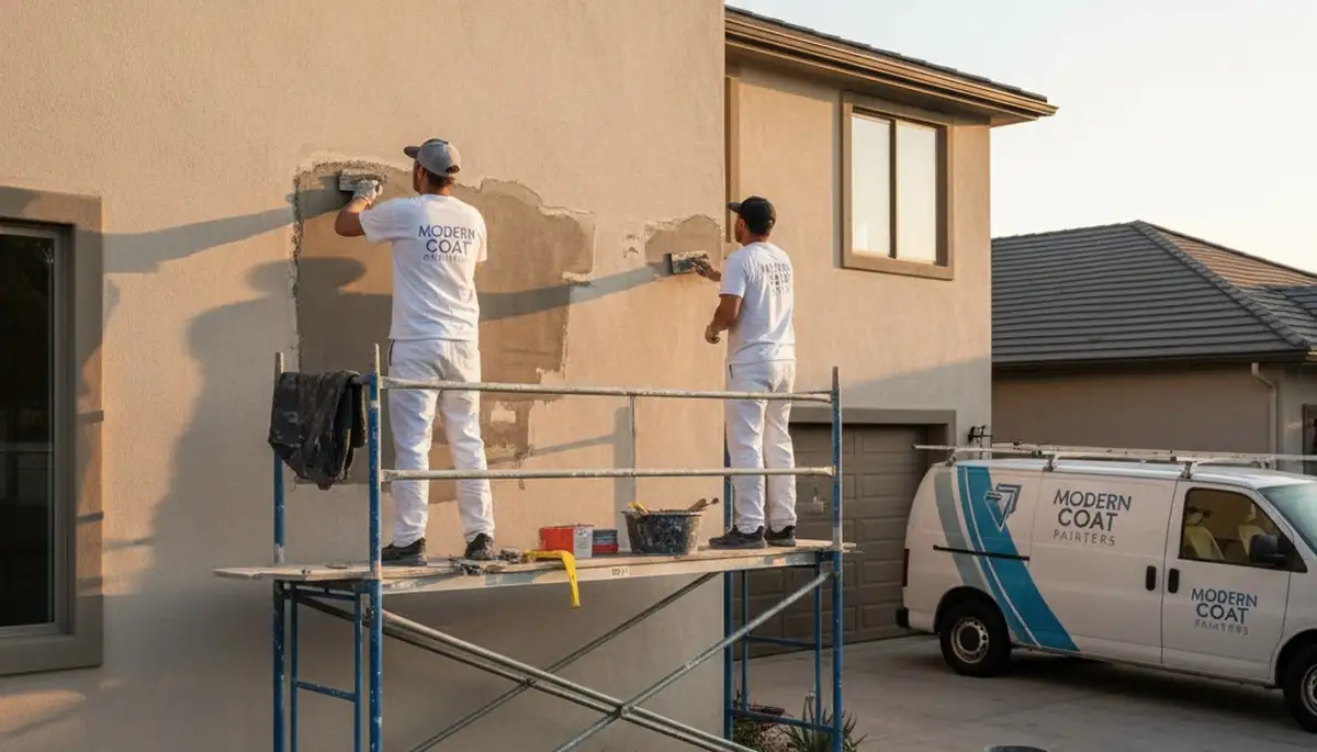 Professional stucco repair contractors restoring home exterior walls in Modesto, CA